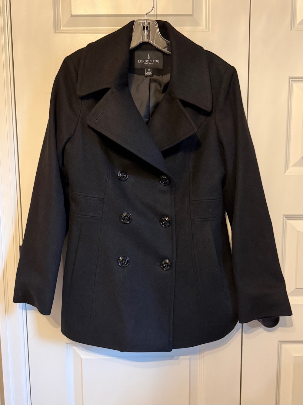 NWOT London Fog Women's Black Double-Breasted Wool-Blend Peacoat Size Medium